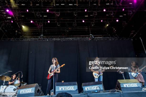 Emily Kokal, Jenny Lee Lindberg and Theresa Wayman of Warpaint perform during the Northside Festival on June 7, 2018 in Aarhus, Denmark.