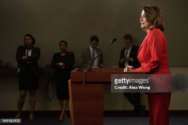 House Minority Leader Rep. Nancy Pelosi speaks during a weekly news conference June 7, 2018 on Capitol Hill in Washington, DC. Pelosi held her weekly...