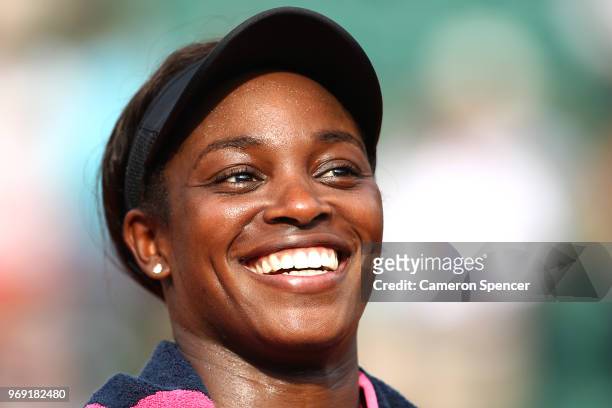 Sloane Stephens of The United States celebrates victory during the ladies singles semi-final match against Madison Keys of The United States during...