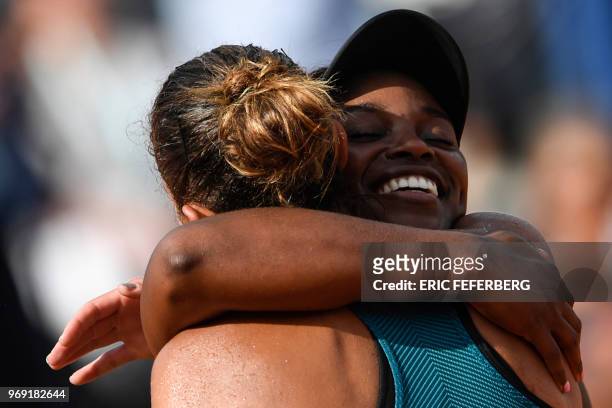 Sloane Stephens of the US and Madison Keys the US embrace at the end of their women's singles semi-final match on day twelve of The Roland Garros...