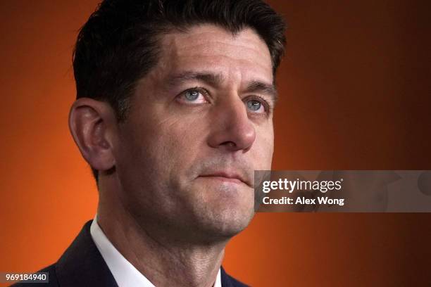 Speaker of the House Rep. Paul Ryan listens during a weekly news conference June 7, 2018 on Capitol Hill in Washington, DC. House Republicans held a...