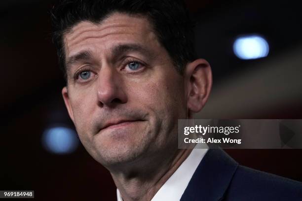 Speaker of the House Rep. Paul Ryan listens during a weekly news conference June 7, 2018 on Capitol Hill in Washington, DC. House Republicans held a...