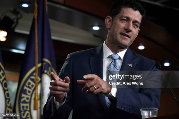 Speaker of the House Rep. Paul Ryan speaks during a weekly news conference June 7, 2018 on Capitol Hill in Washington, DC. House Republicans held a...