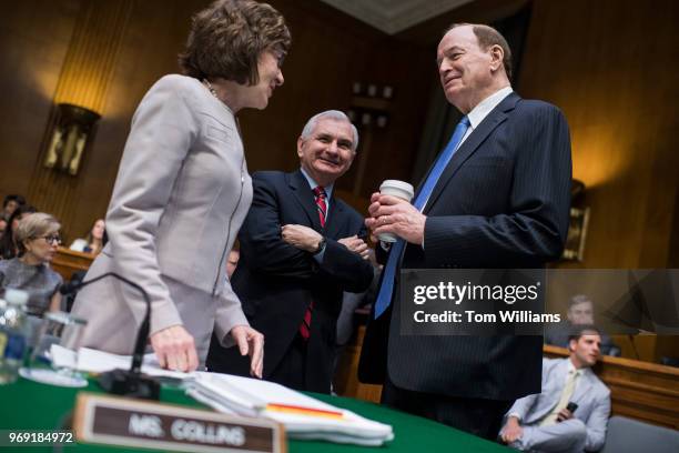 From left, Sens. Susan Collins, R-Maine, Jack Reed, D-R.I., and Chairman Richard Shelby, R-Ala., talk before a Senate Appropriations Committee markup...