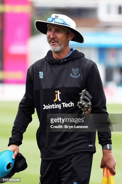 Sussex Head Coach Jason Gillespie looks on prior to the one day tour match between Sussex and Australia at The 1st Central County Ground on June 7,...