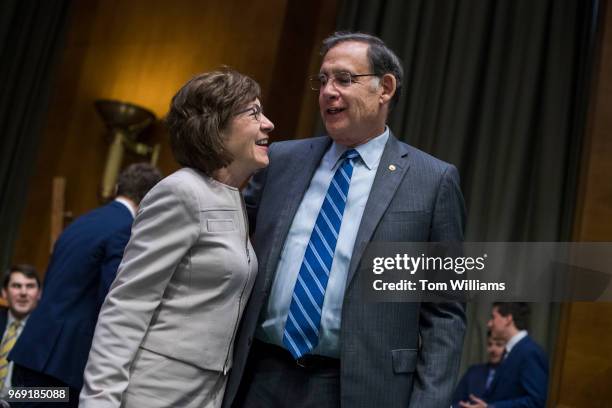 Sens. Susan Collins, R-Maine, and John Boozman, R-Ark., talk before a Senate Appropriations Committee markup in Dirksen Building on June 7, 2018.