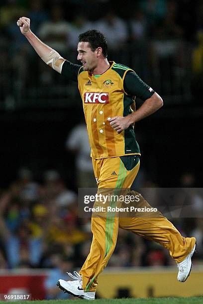 Shaun Tait of Australia celebrates taking a wicket during the Twenty20 International match between Australia and the West Indies at Bellerive Oval on...