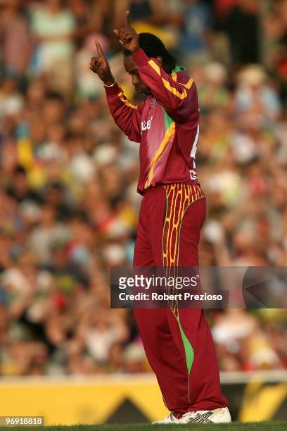 Chris Gayle of the West Indies celebrates taking a wicket during the Twenty20 International match between Australia and the West Indies at Bellerive...