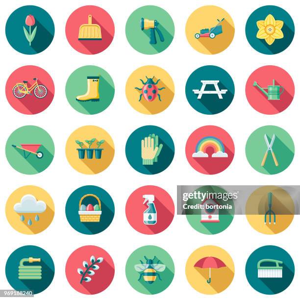 illustrations, cliparts, dessins animés et icônes de printemps design plat icon set avec côté ombre - longue ombre ombre