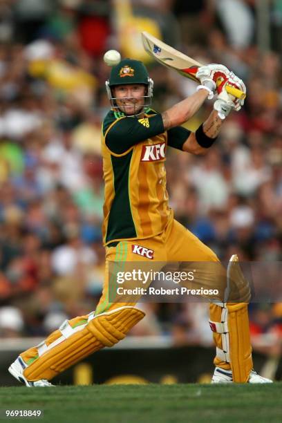 Michael Clarke of Australia plays a shot during the Twenty20 International match between Australia and the West Indies at Bellerive Oval on February...