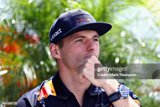 Max Verstappen of Netherlands and Red Bull Racing looks on in the Paddock during previews ahead of the Canadian Formula One Grand Prix at Circuit...