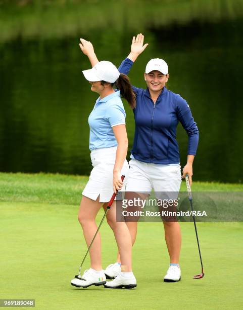 Olivia Mehaffey and Lily May Humphreys of Great Britian & Ireland in action during a practice session prior to the 2018 Curtis Cup at Quaker Ridge...