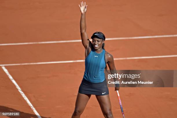 Sloane Stephens of The United states of America reacts after winning her women's singles semifinal match against Madison Keys of The United states of...