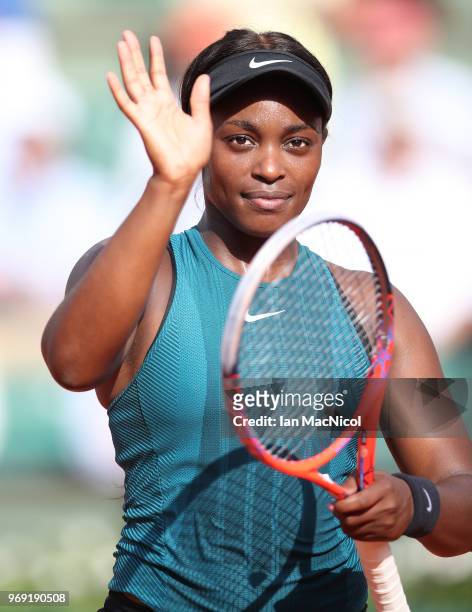 Sloane Stephens of United States celebrates victory in her Women's Singles Semi Final match against Madison Keys of United States during day twelve...