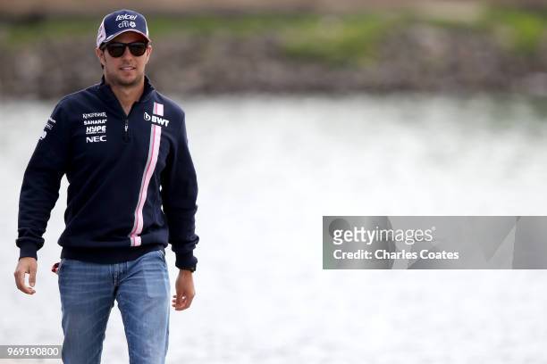 Sergio Perez of Mexico and Force India arrives at the circuit during previews ahead of the Canadian Formula One Grand Prix at Circuit Gilles...