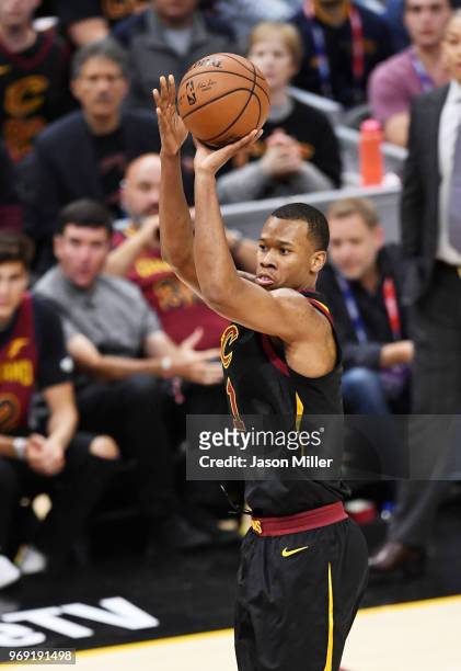 Rodney Hood of the Cleveland Cavaliers shoots against the Golden State Warriors during Game Three of the 2018 NBA Finals at Quicken Loans Arena on...