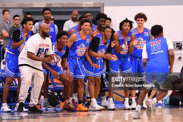 Teammates cheer on their team during the Pangos All-American Camp on June 3, 2018 at Cerritos College in Norwalk, CA.
