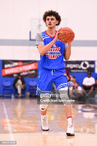 Ismael Massoud from The MacDuffie School makes a pass during the Pangos All-American Camp on June 3, 2018 at Cerritos College in Norwalk, CA.