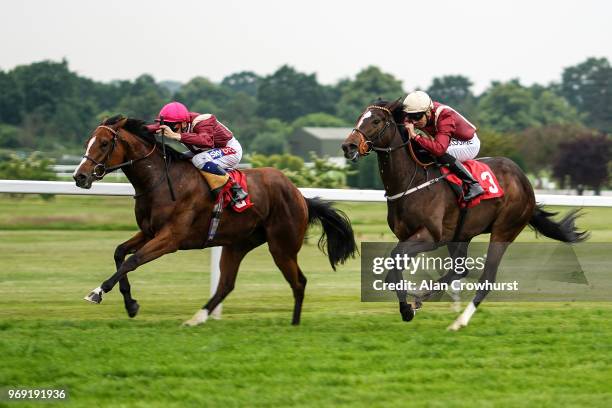 Fran Berry riding Kurious win The Smarkets EBF Fillies' Novice Stakes at Sandown Park Racecourse on June 7, 2018 in Esher, United Kingdom.