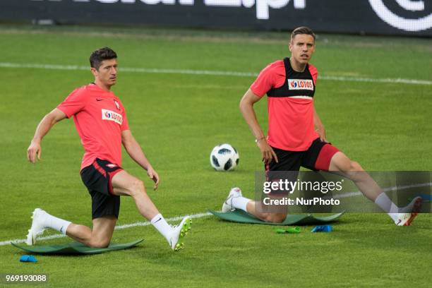 Robert Lewandowski and Jan Bednarek during training session before friendly match Poland and Chile in Poznan, Poland, on 7 June 2018.