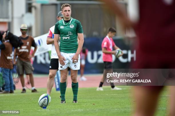Irish's fly-half Conor Dean gets ready to kick a try conversion during the World union Rugby U20 Championship match between Irlande and Georgia at...