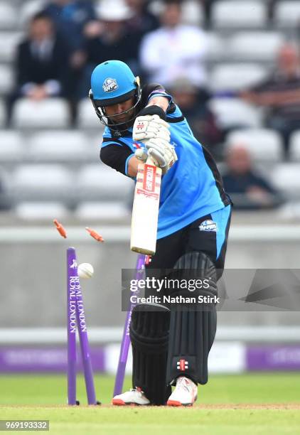 Callum Ferguson of Worcestershire is bowled during the Royal London One Day Cup match between Warwickshire and Worcestershire Rapids at Edgbaston on...