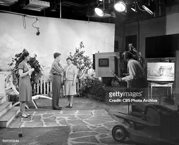 Early experimental CBS television production. Television drama program, Three Houses, episode one. Shown left to right, Janet Megrew.; Henry Barnard...