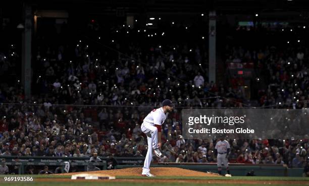 Boston Red Sox relief pitcher Matt Barnes watches a single to center field by Detroit Tigers first baseman Miguel Cabrera, not pictured, during the...
