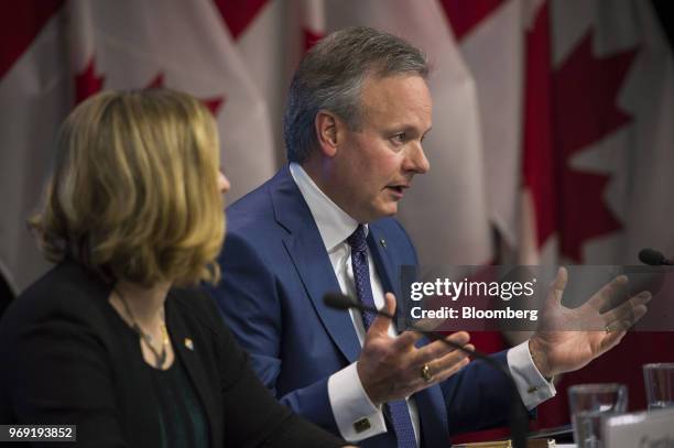 Stephen Poloz, governor of the Bank of Canada, right, speaks while Carolyn Wilkins, senior deputy governor at the Bank of Canada, listens during a...