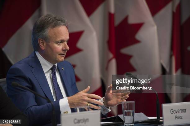 Stephen Poloz, governor of the Bank of Canada, speaks during a press conference in Ottawa, Ontario, Canada, on Thursday, June 7, 2018. Risks to...