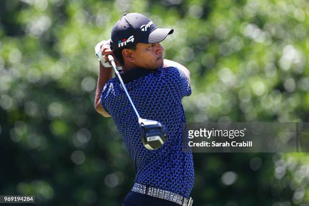 Fabian Gomez of Argentina plays his shot from the 17th tee during the first round of the FedEx St. Jude Classic at TPC Southwind on June 7, 2018 in...