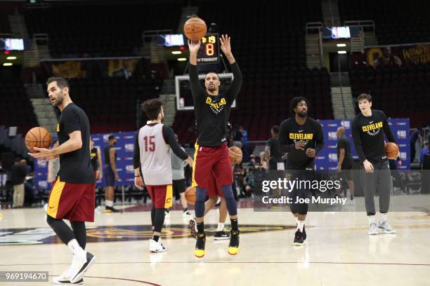 George Hill of the Cleveland Cavaliers shoots during practice and media availability as part of the 2018 NBA Finals on June 7, 2018 at Quicken Loans...