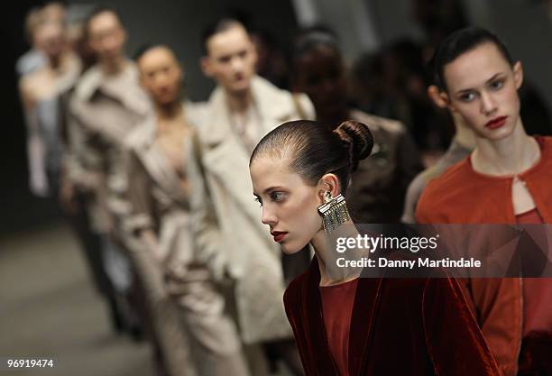 Models walk the runway at the Richard Nicoll show during London Fashion Week Autumn/Winter 2010 at TopShop Venue on February 21, 2010 in London,...