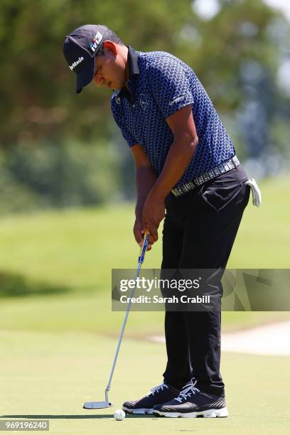 Fabian Gomez of Argentina putts on the 16th green during the first round of the FedEx St. Jude Classic at TPC Southwind on June 7, 2018 in Memphis,...