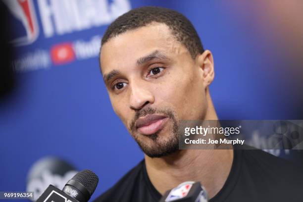 George Hill of the Cleveland Cavaliers speaks to the media during practice and media availability as part of the 2018 NBA Finals on June 7, 2018 at...