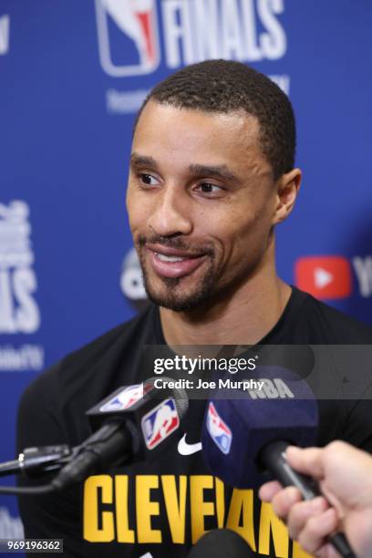 George Hill of the Cleveland Cavaliers speaks to the media during practice and media availability as part of the 2018 NBA Finals on June 7, 2018 at...