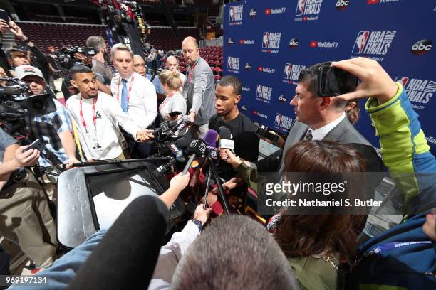 Rodney Hood of the Cleveland Cavaliers addresses the media during practice and media availability as part of the 2018 NBA Finals on June 07, 2018 at...