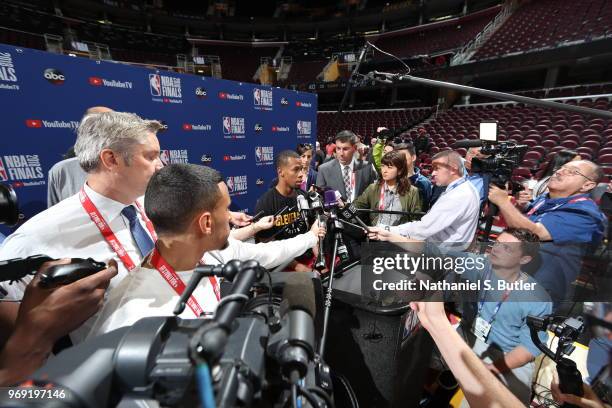 Rodney Hood of the Cleveland Cavaliers addresses the media during practice and media availability as part of the 2018 NBA Finals on June 07, 2018 at...