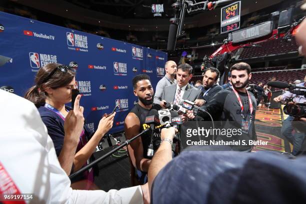 Tristan Thompson of the Cleveland Cavaliers addresses the media during practice and media availability as part of the 2018 NBA Finals on June 07,...