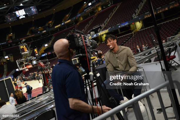 Rondae Hollis-Jefferson of the Brooklyn Nets preps for interviews during practice and media availability as part of the 2018 NBA Finals on June 7,...