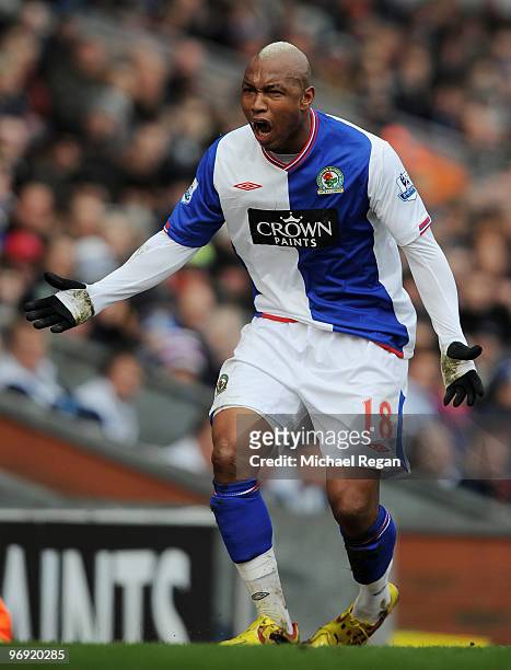 El Hadji Diouf of Blackburn protests to a linesman during the Barclays Premier League match between Blackburn Rovers and Bolton Wanderers at Ewood...