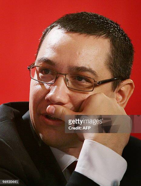 Picture taken on February 20, 2010 shows Victor Ponta gestures during an extraordinary congress of Social Democratic Party in Bucharest. Romania's...