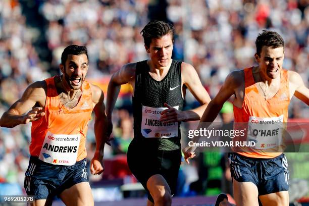 Britain's Chris O'Hare, Norway's Jakob Ingebrigsten and US's Robby Andrews compete during the 1 500m for Men at the IAAF Diamond League 2018 Bislett...