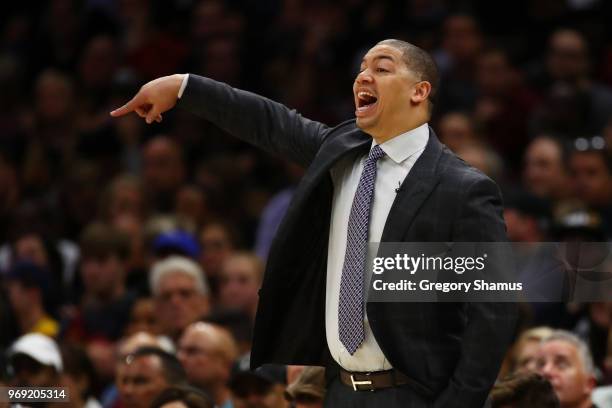 Head coach Tyronn Lue of the Cleveland Cavaliers reacts during Game Three of the 2018 NBA Finals against the Golden State Warriors at Quicken Loans...