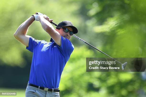 Scott Langley hits his tee shot on the third hole during the first round of the Rust-Oleum Championship at the Ivanhoe Club on June 7, 2018 in...