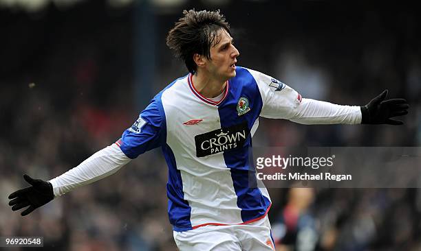 Nikola Kalinic of Blackburn celebrates scoring the first goal during the Barclays Premier League match between Blackburn Rovers and Bolton Wanderers...