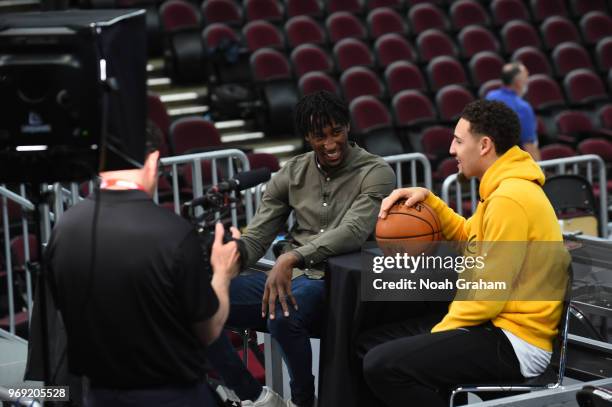 Rondae Hollis-Jefferson of the Brooklyn Nets interviews Klay Thompson of the Golden State Warriors during practice and media availability as part of...