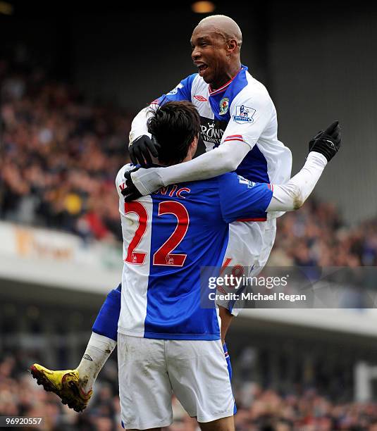 Nikola Kalinic of Blackburn celebrates scoring the first goal with team mate El Hadji Diouf during the Barclays Premier League match between...