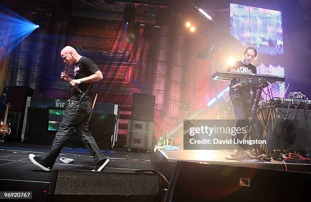 Recording artists Amit "Duvdev" Duvdevani and Erez Eisen of Infected Mushroom perform on stage at the Hollywood Palladium on February 21, 2010 in...