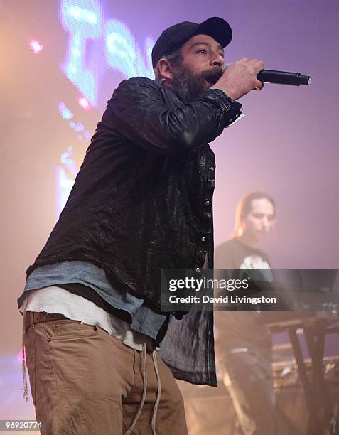 Recording artists Matisyahu and Infected Mushroom member Erez Eisen perform on stage at the Hollywood Palladium on February 21, 2010 in Hollywood,...